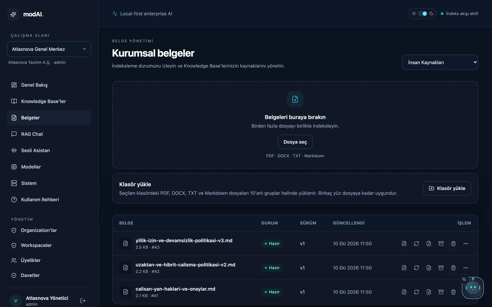 Belgeler sayfası: dosya bırakma alanı, Klasör yükle düğmesi ve hazır durumdaki İK belgeleri.