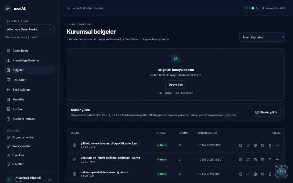 Belgeler sayfası: dosya bırakma alanı, Klasör yükle düğmesi ve hazır durumdaki İK belgeleri.