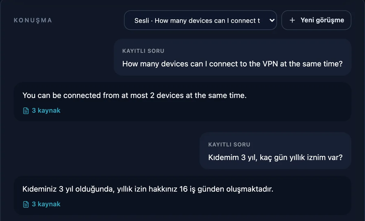 Sesli asistanın konuşma geçmişi: İngilizce VPN sorusuna İngilizce, Türkçe izin sorusuna Türkçe yanıt; her yanıtın altında 3 kaynak.