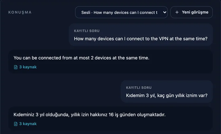 Sesli asistanın konuşma geçmişi: İngilizce VPN sorusuna İngilizce, Türkçe izin sorusuna Türkçe yanıt; her yanıtın altında 3 kaynak.