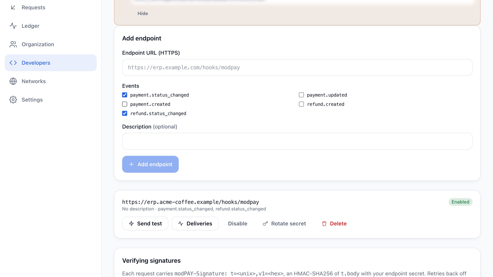 İmzalı webhook yönetimi